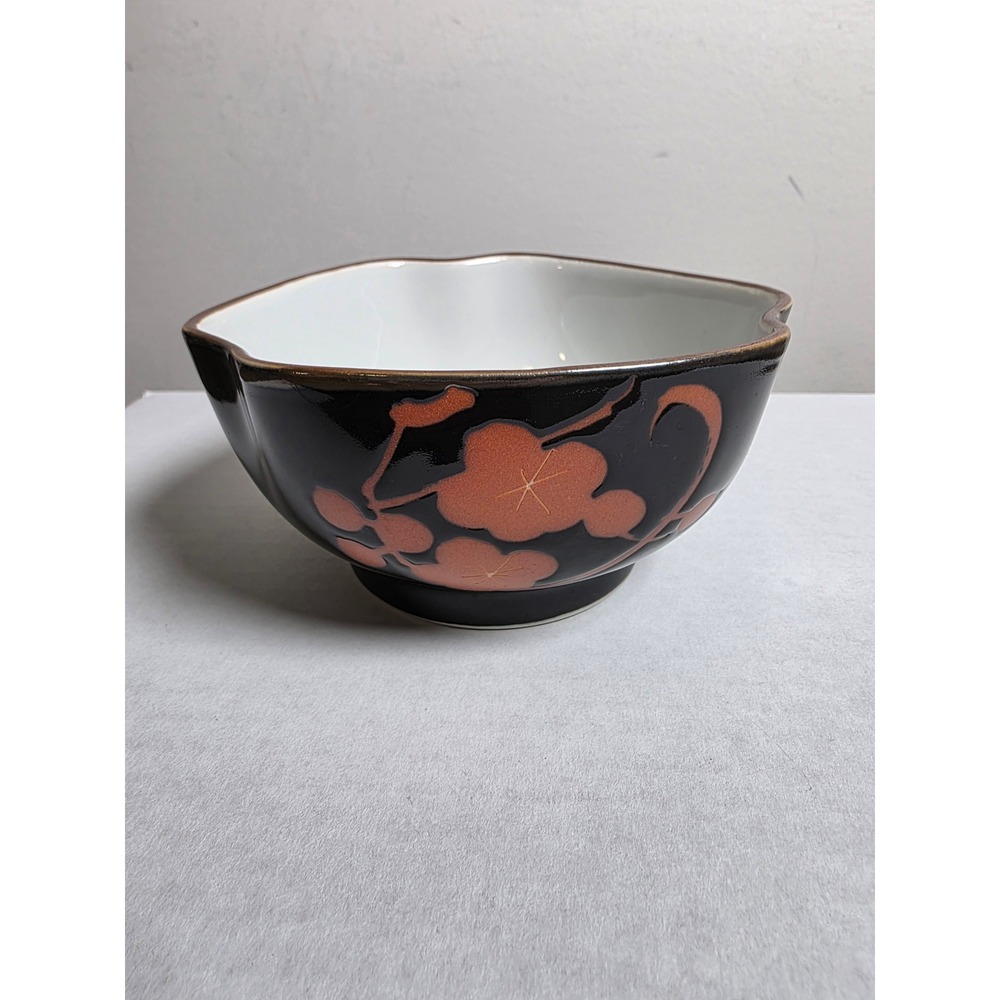 Japanese Ceramic Scalloped Bowl Black Terracotta Floral Design Footed Dish